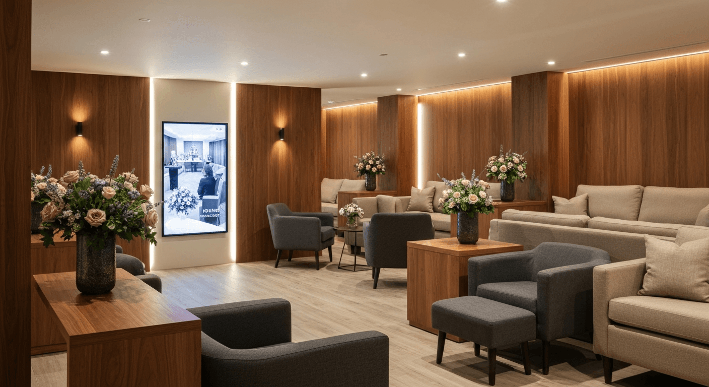 Elegant modern funeral home reception area with warm wood tones and tasteful floral arrangements