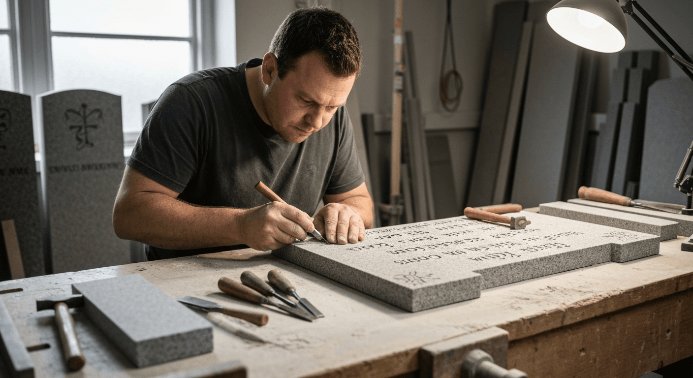 Skilled craftsman carefully engraving a granite headstone in a well-lit workshop