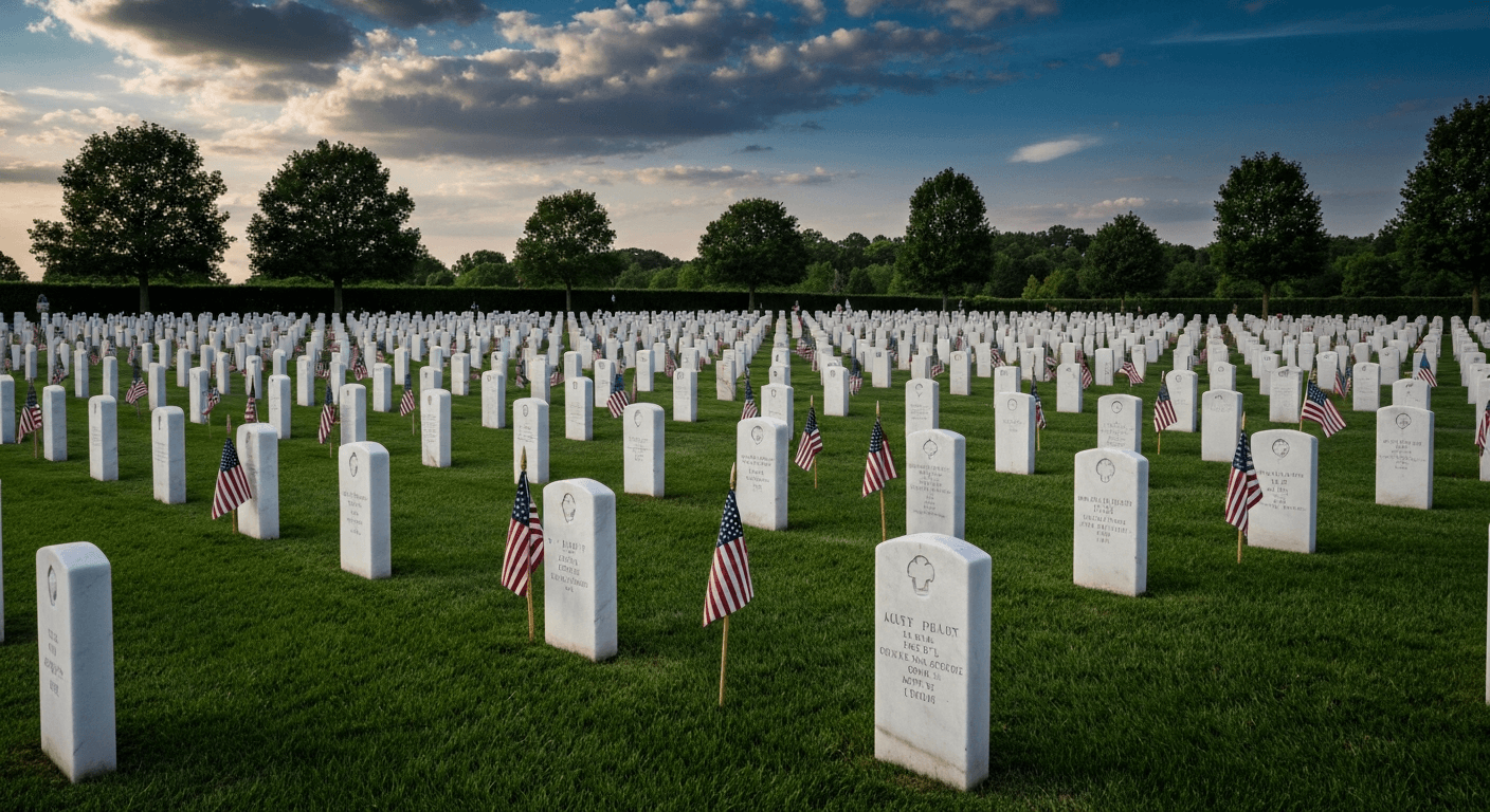 Military cemetery on Memorial Day with rows of white headstones and American flags