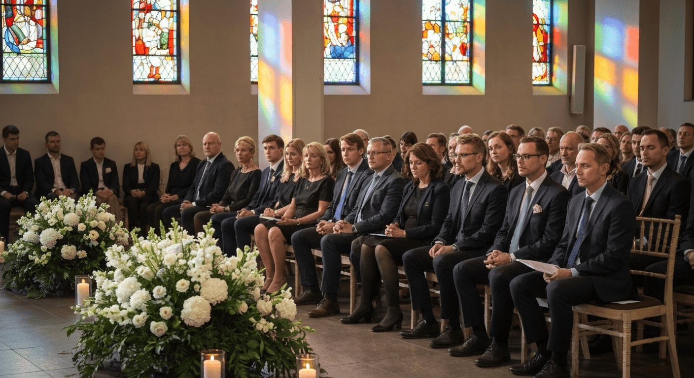 Respectful funeral service gathering with elegant floral arrangements and soft lighting