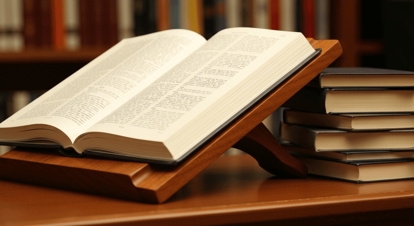 Open reference book on a wooden reading stand beside stacked books in warm library light