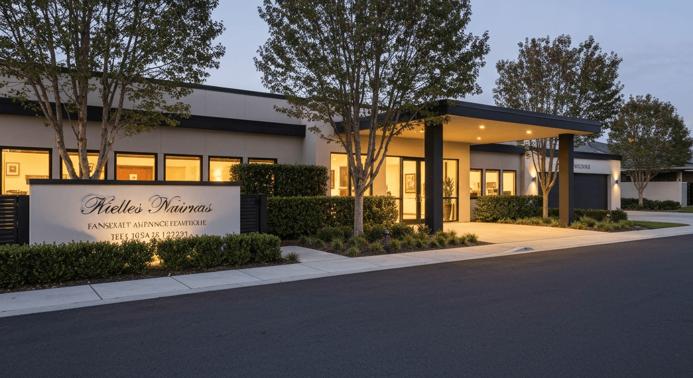 Modern funeral home exterior at dusk with warm interior lights and elegant landscaping