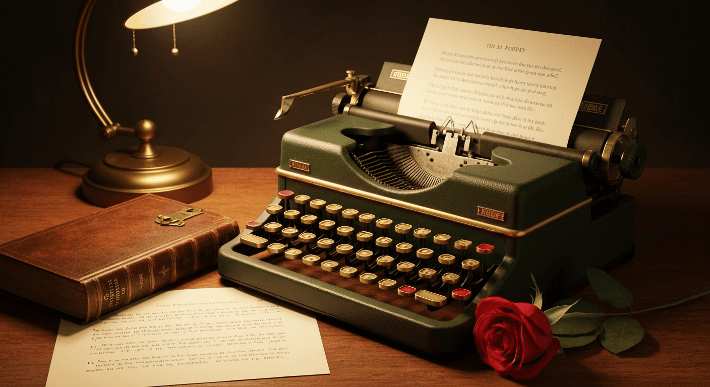Vintage typewriter with poetry on paper beside a red rose and leather-bound book