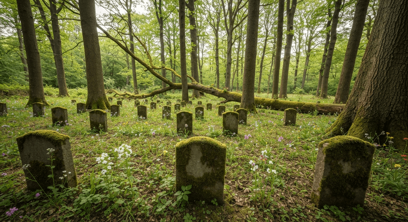 Natural woodland burial ground with wildflowers and dappled sunlight