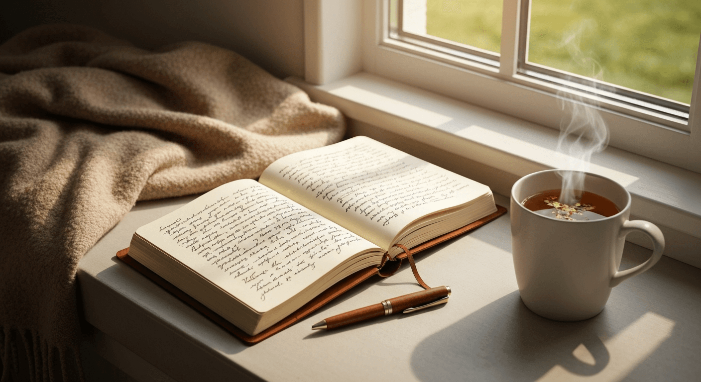Open leather journal with pen on a cozy window seat with natural light