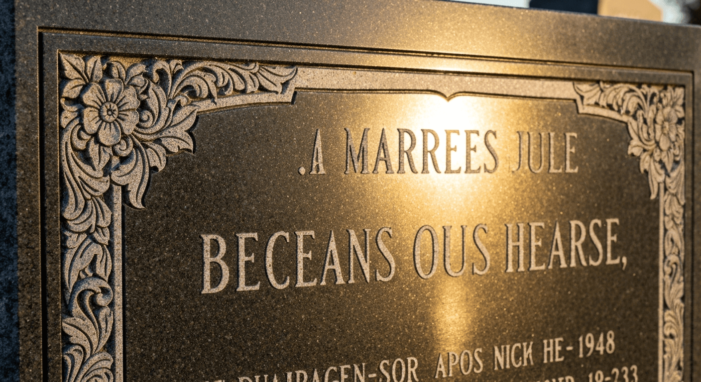Close-up of elegant carved lettering on a polished granite headstone