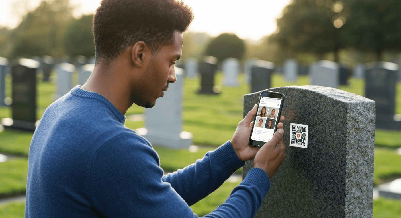 Person scanning a QR code on a memorial headstone with their smartphone