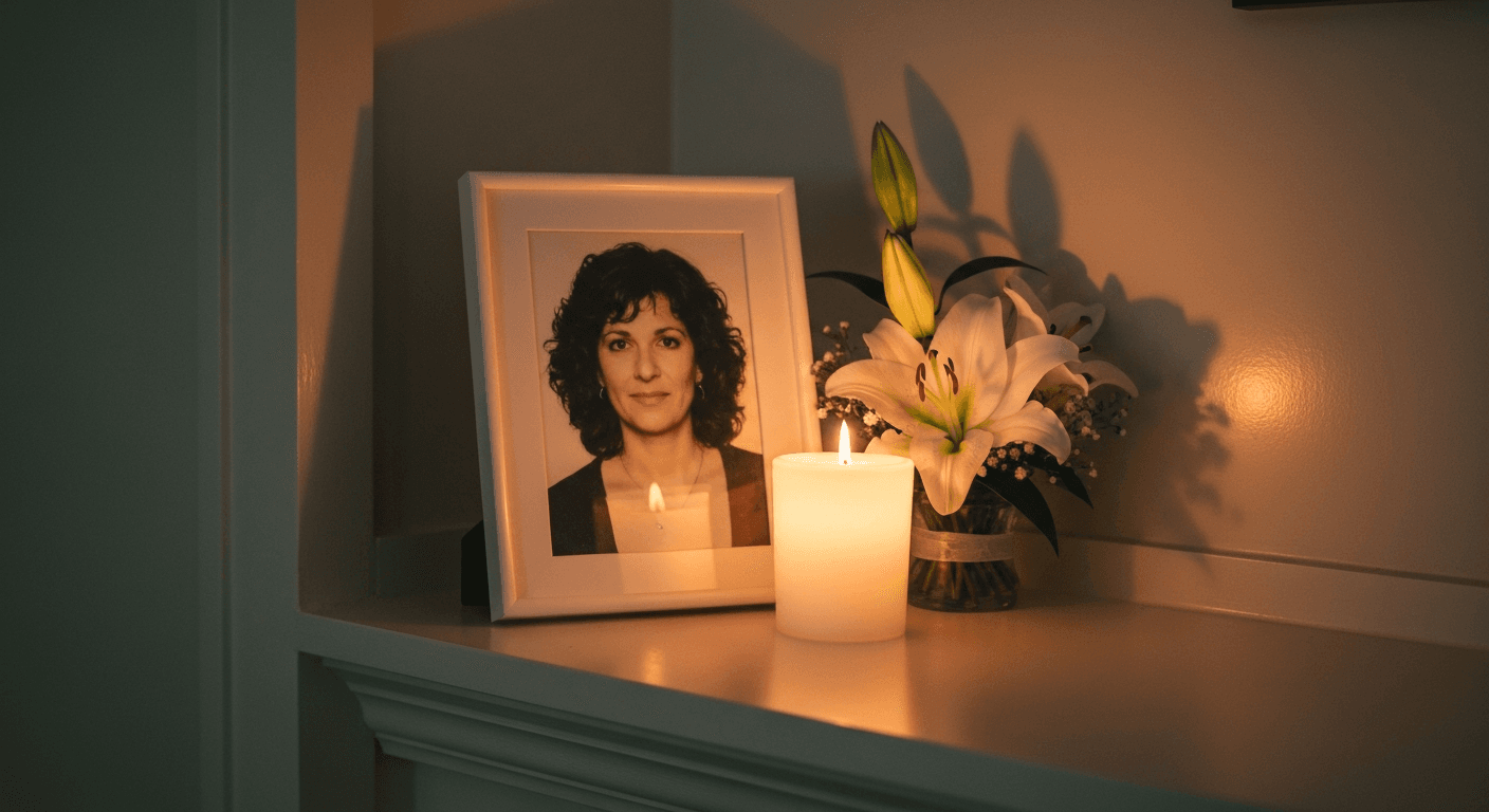 Lit memorial candle beside a framed photograph and small flower arrangement