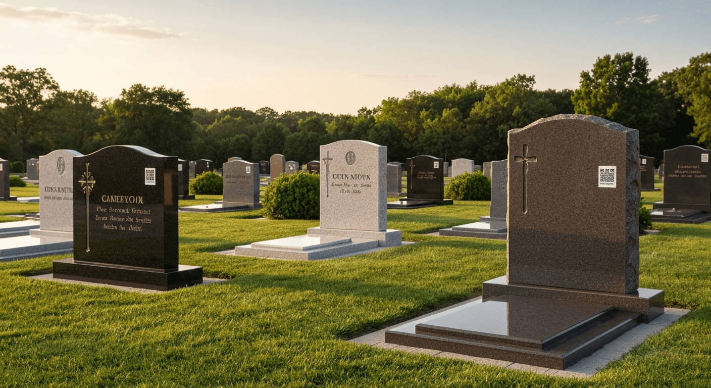 Three beautifully crafted memorial headstones in a garden cemetery at golden hour