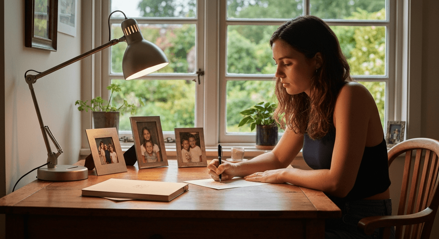 Person thoughtfully writing at a desk with family photographs nearby