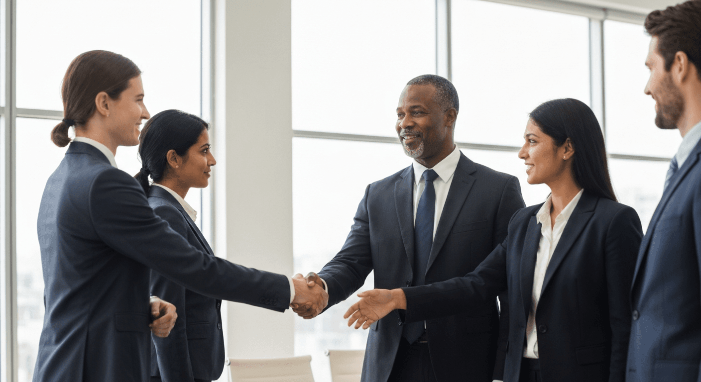 Diverse business professionals shaking hands in a modern office with natural light