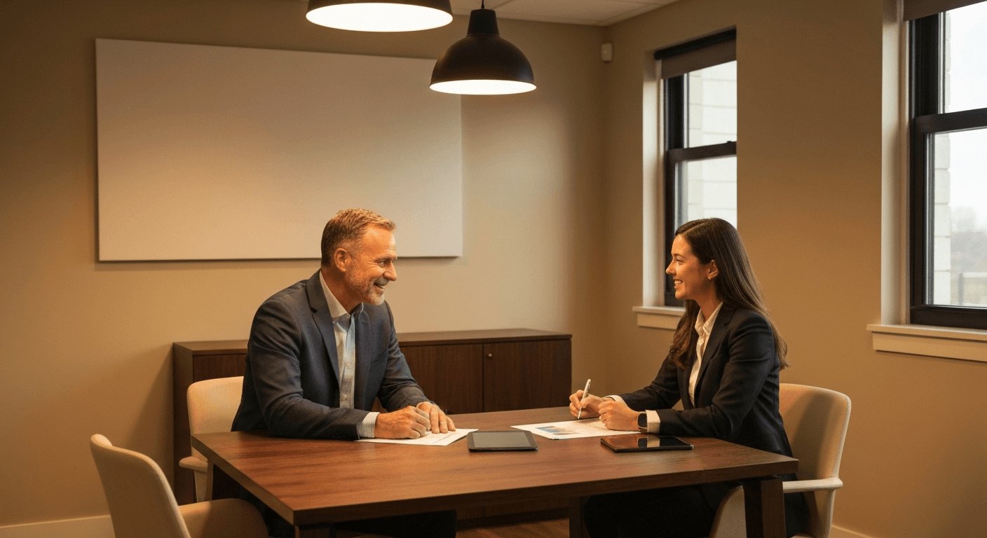 Two business professionals having a warm conversation in a modern office