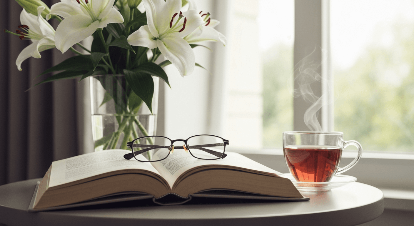 Open book with reading glasses beside white flowers and tea, a peaceful reading corner