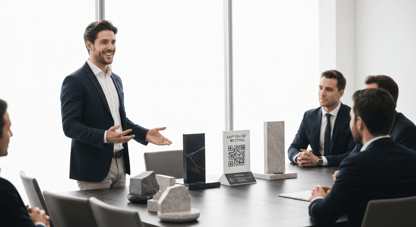 Business sales presentation with monument samples and QR code demo