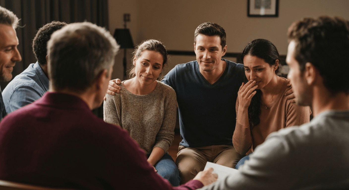 Compassionate support group gathering with people offering comfort