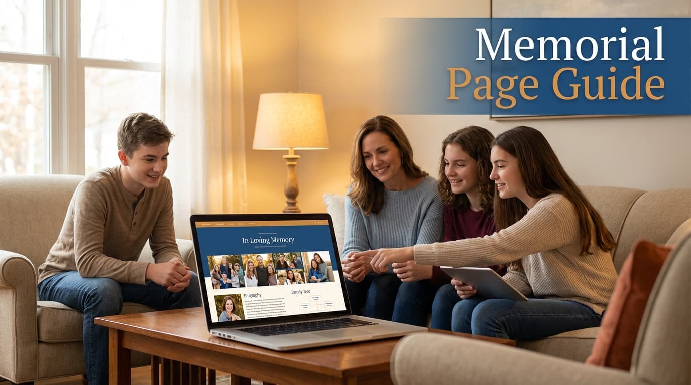 Complete guide to memorial web page content including photos, biography, family tree, and tributes