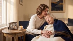 Adult daughter sitting beside her elderly mother at a sunlit window, holding hands quietly during anticipatory grief