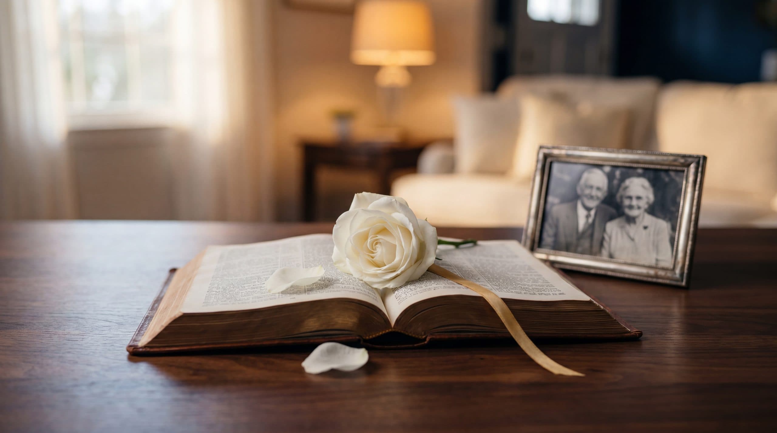 Open leather Bible resting on a wooden table next to a framed photograph and a single white rose, soft natural light, peaceful and reverent mood