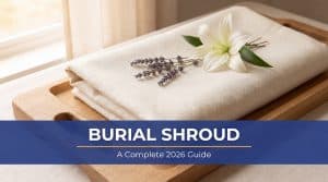 Burial shroud guide: hands folding a natural linen burial shroud beside dried lavender and a wooden carrier board, warm window light, Linkora navy and amber lower-third text overlay