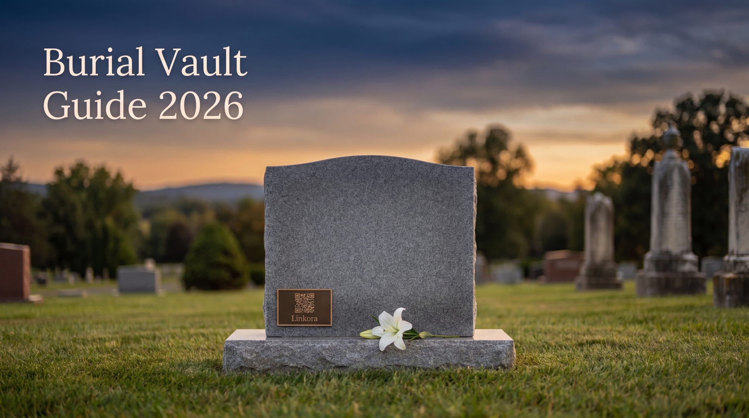 Dignified cemetery scene at dusk showing a gray granite headstone with a small QR memorial plaque beside it, soft golden light, respectful warm tone illustrating burial planning and modern memorialization