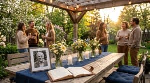 Celebration of life gathering at golden hour with framed portrait, candles, and wildflowers