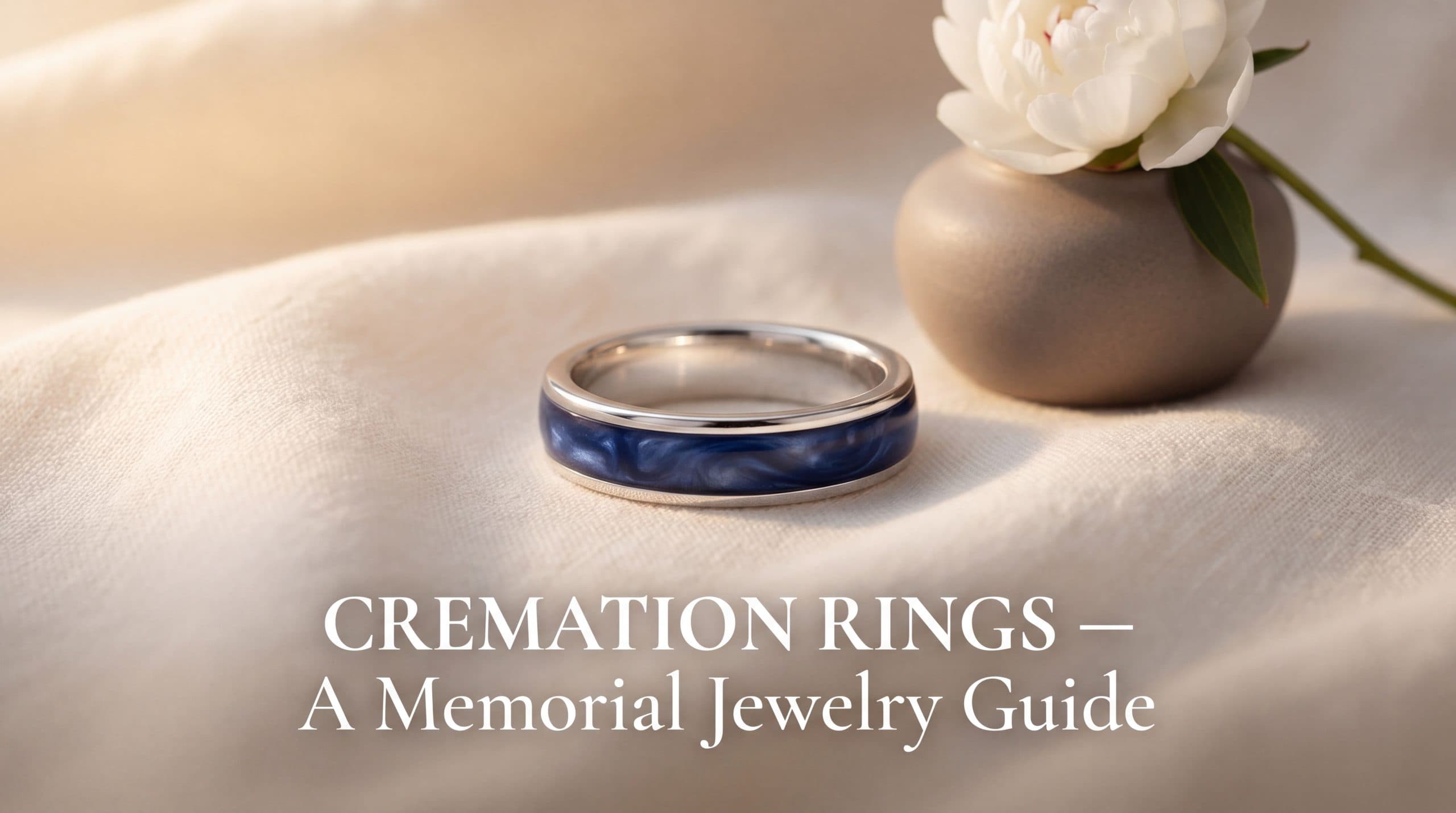 Elegant cremation ring with subtle resin inlay resting on ivory linen beside an ash urn — a memorial jewelry keepsake for honoring a loved one