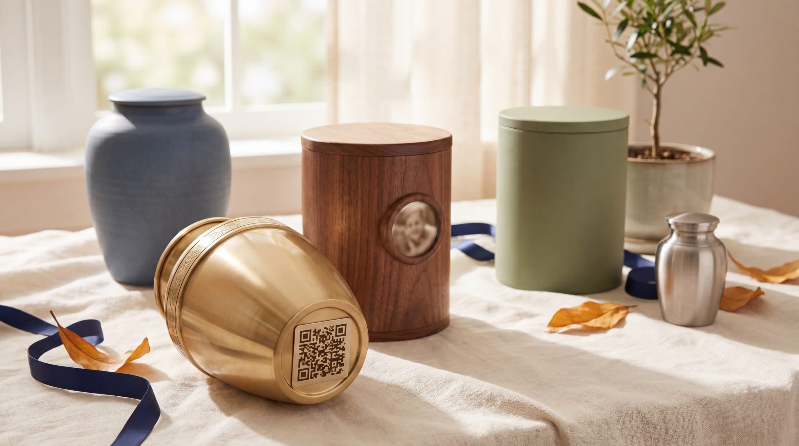 A curated lineup of modern cremation urns in brass, walnut, ceramic, and biodegradable materials with subtle QR-code detail