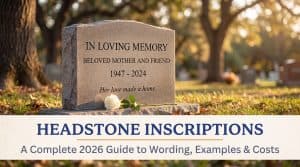 Elegant granite headstone with engraved inscription showing a meaningful epitaph in serif lettering, warm cemetery light, navy and amber typography lower-third