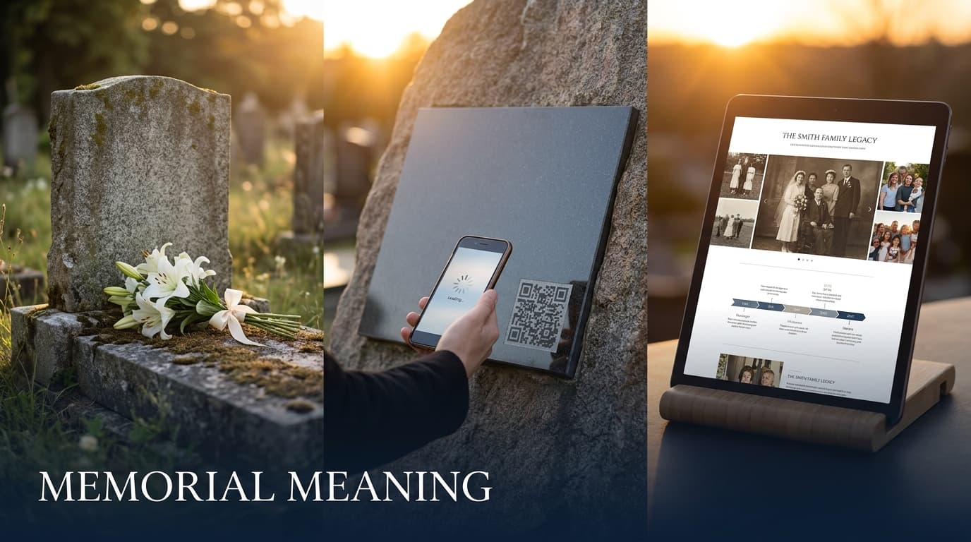 Illustration of evolving memorial forms — from a stone monument to a digital memorial page accessed via QR code