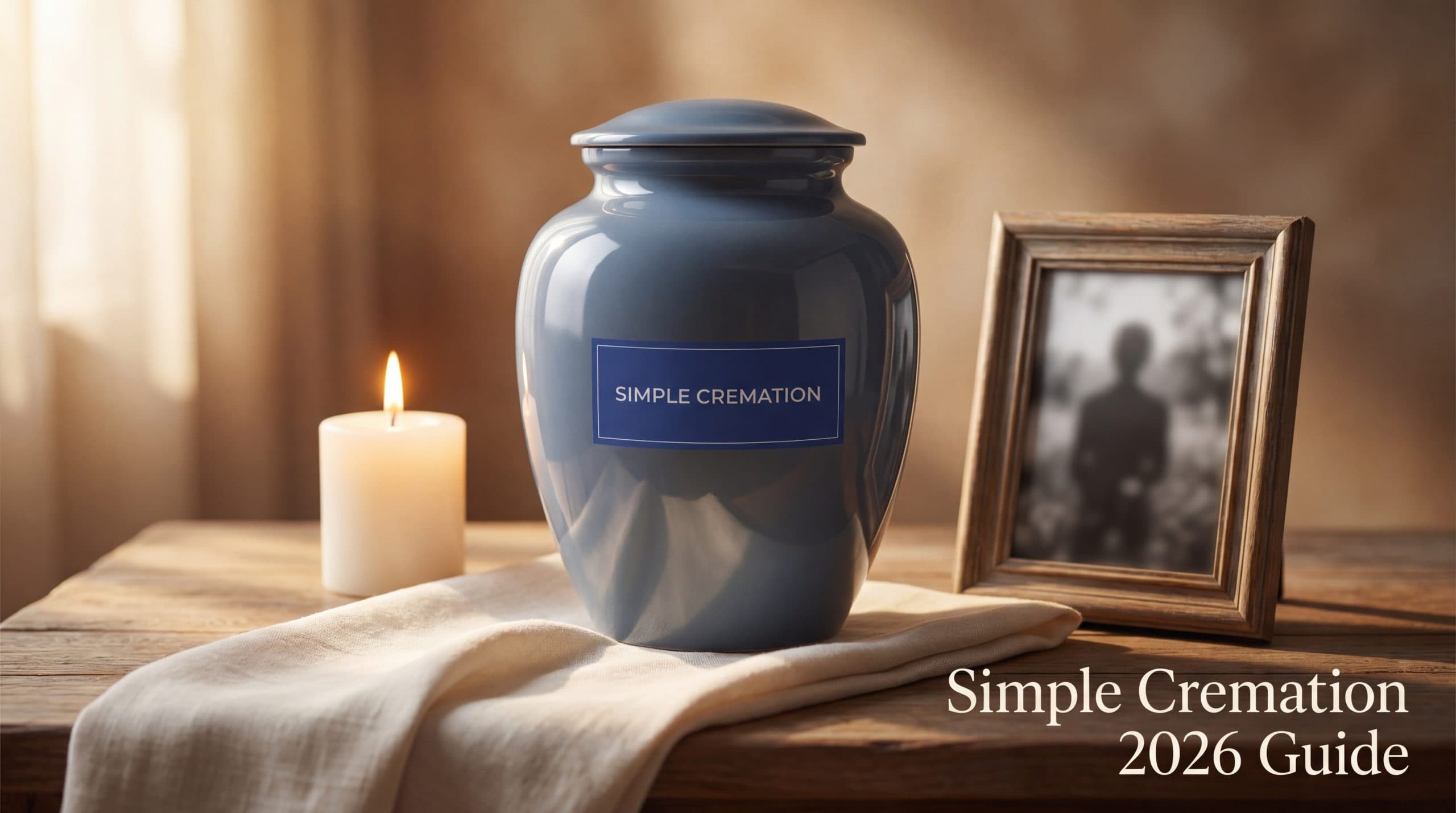 Simple cremation explained — a warm, respectful editorial illustration of a memorial urn beside a small photograph and candle, with soft natural light
