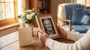 A daughter's hand holding her late father's framed photograph in a softly lit room, evoking quiet remembrance and sympathy