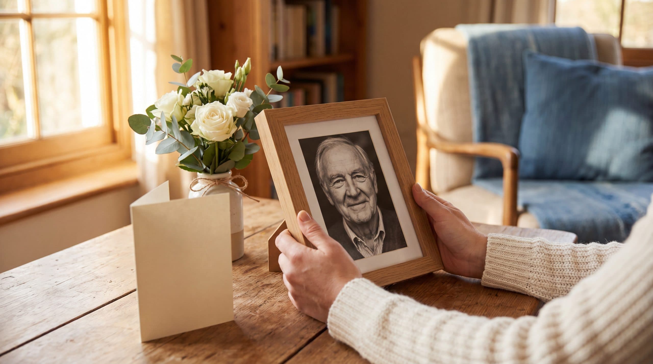 A daughter's hand holding her late father's framed photograph in a softly lit room, evoking quiet remembrance and sympathy