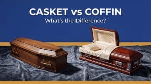 A wooden tapered coffin beside a rectangular casket, illustrating the casket vs coffin difference in shape
