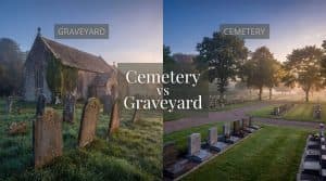 A small church graveyard beside an old stone church next to a large open cemetery, illustrating the difference between a graveyard and a cemetery