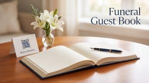 An open funeral guest book on a memorial table beside flowers and a QR code memorial card, in soft blue and amber tones