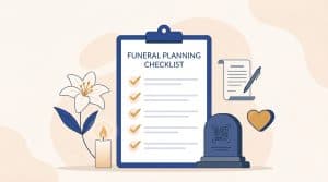 Funeral planning checklist guide for families, showing a calm, dignified layout with the five phases of planning a funeral in Linkora blue and amber