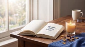 Poems About Grief: comforting verses to help you through loss, with an open book of poetry and soft candlelight in Linkora brand colors