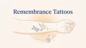 Remembrance tattoos guide to honor a loved one, shown in a calm, dignified layout with memorial tattoo motifs in Linkora blue and amber