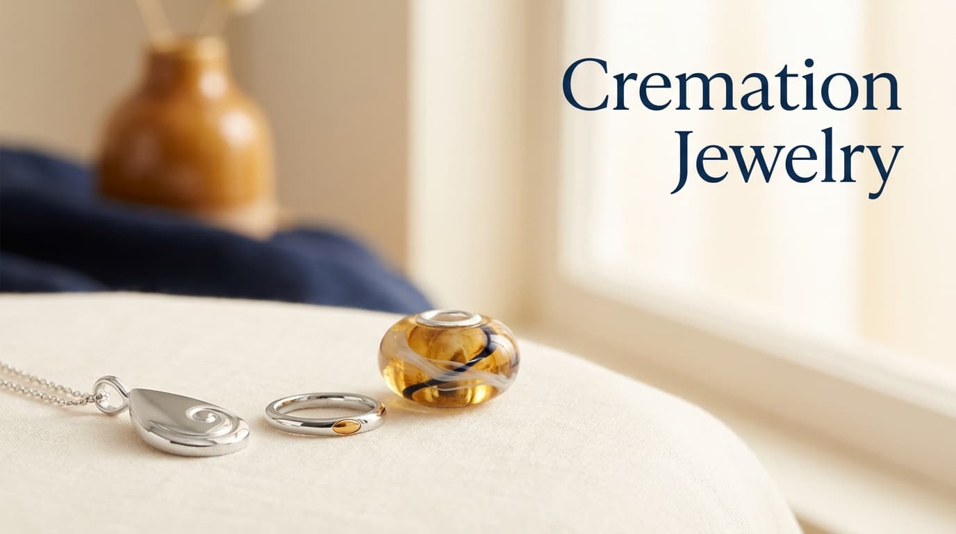 Cremation jewelry collection: memorial pendant, ring, and glass keepsake holding a loved one's ashes