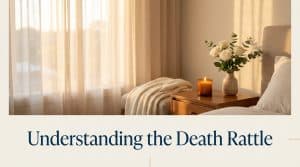 A calm, softly lit hospice bedside conveying peaceful presence at the end of life, in Linkora brand colors