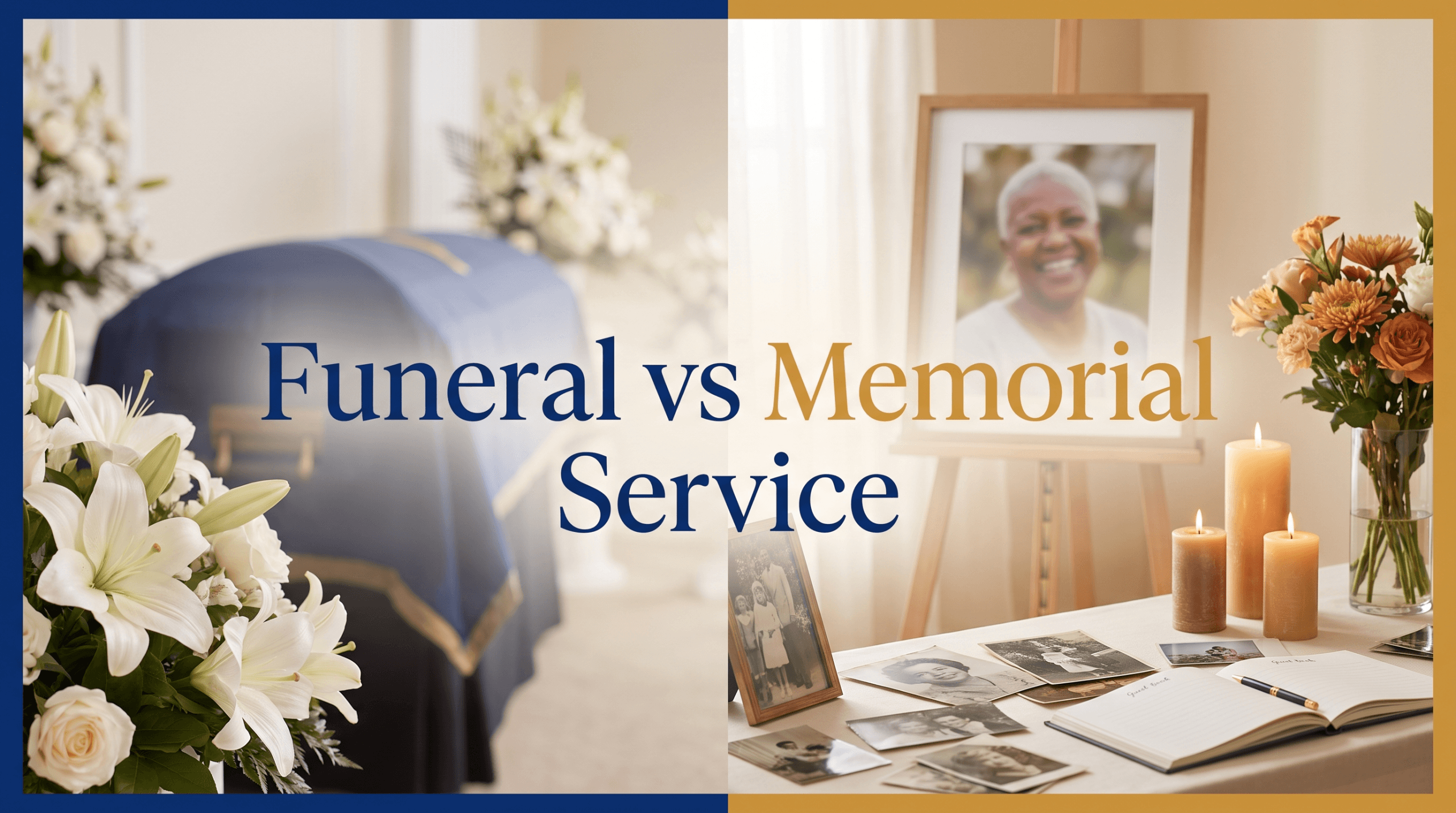 A warm, softly lit gathering space with flowers and a framed portrait, contrasting a formal funeral with a personal memorial service, in Linkora brand colors