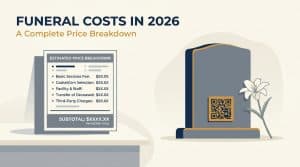 Editorial illustration representing 2026 funeral cost planning, with a calm ivory and navy palette showing a price list and memorial imagery