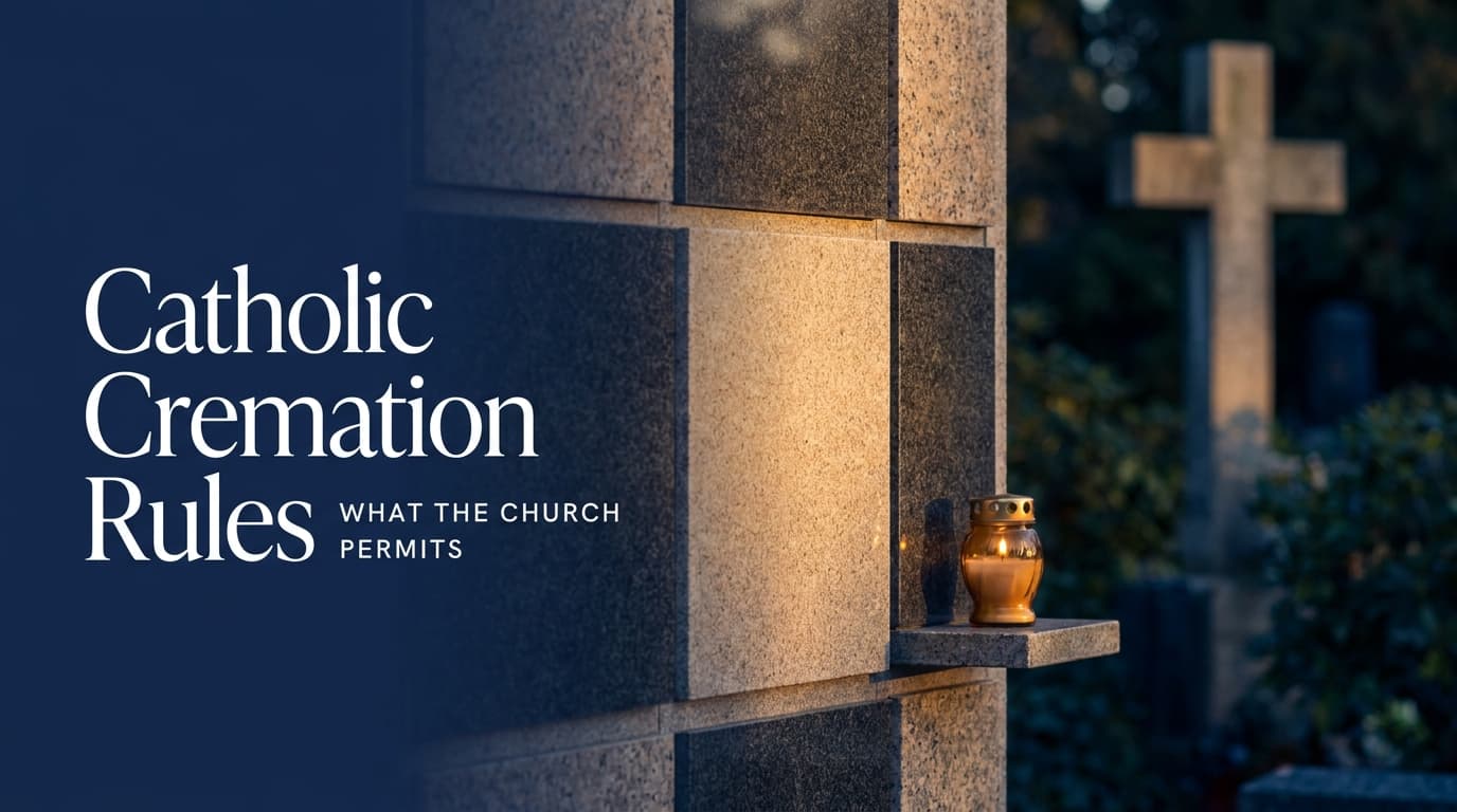 Catholic cremation rules guide: a columbarium niche in a Catholic cemetery with a name plate and candle