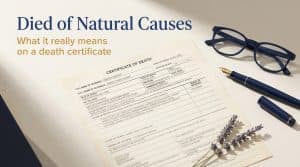 A death certificate on a desk beside reading glasses, illustrating what died of natural causes means