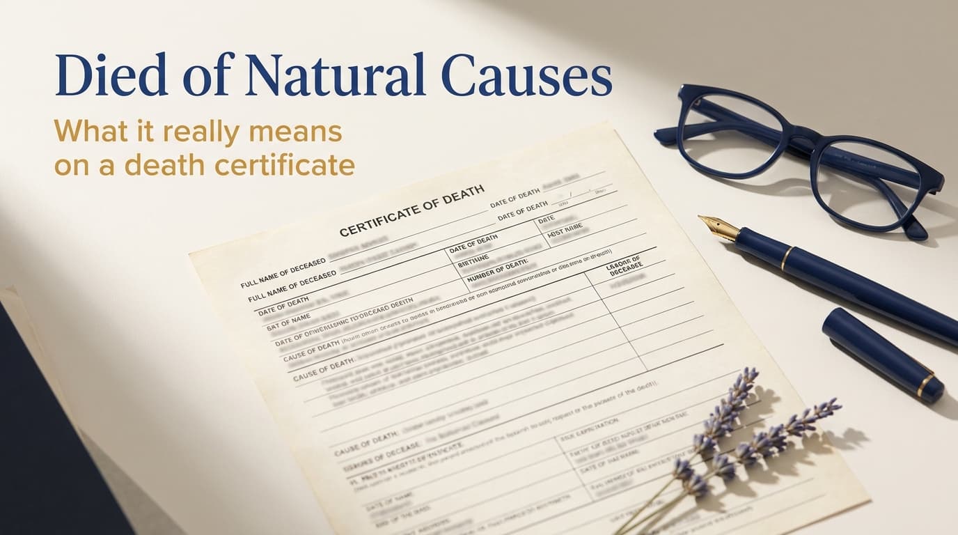 A death certificate on a desk beside reading glasses, illustrating what died of natural causes means
