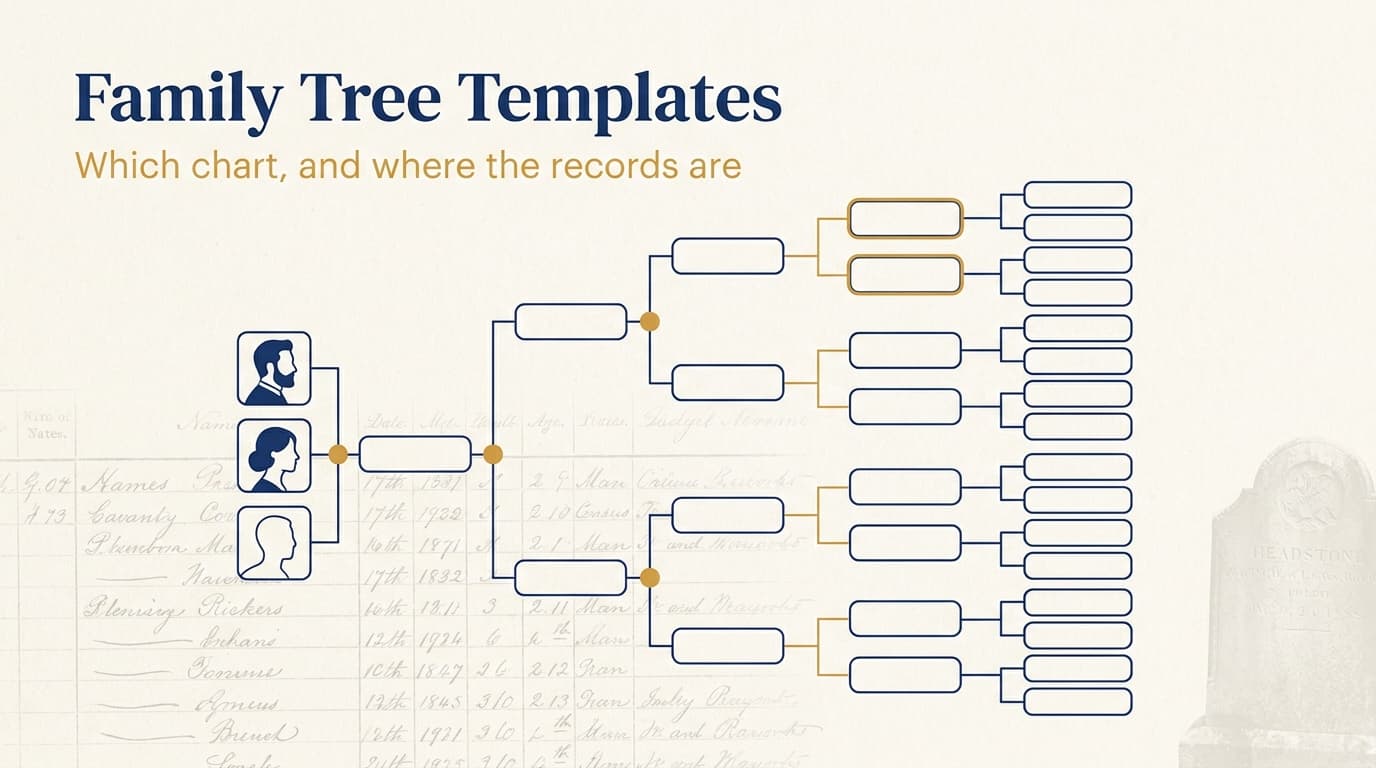 Family tree template chart with generational branches in navy and amber on an ivory background