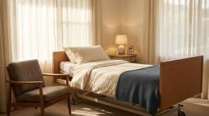 A sunlit home bedroom arranged for hospice at home care, with a hospital bed near a window and a family chair beside it