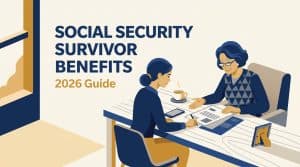 Social Security survivor benefits guide for 2026, showing a family reviewing benefit paperwork with the key eligibility percentages