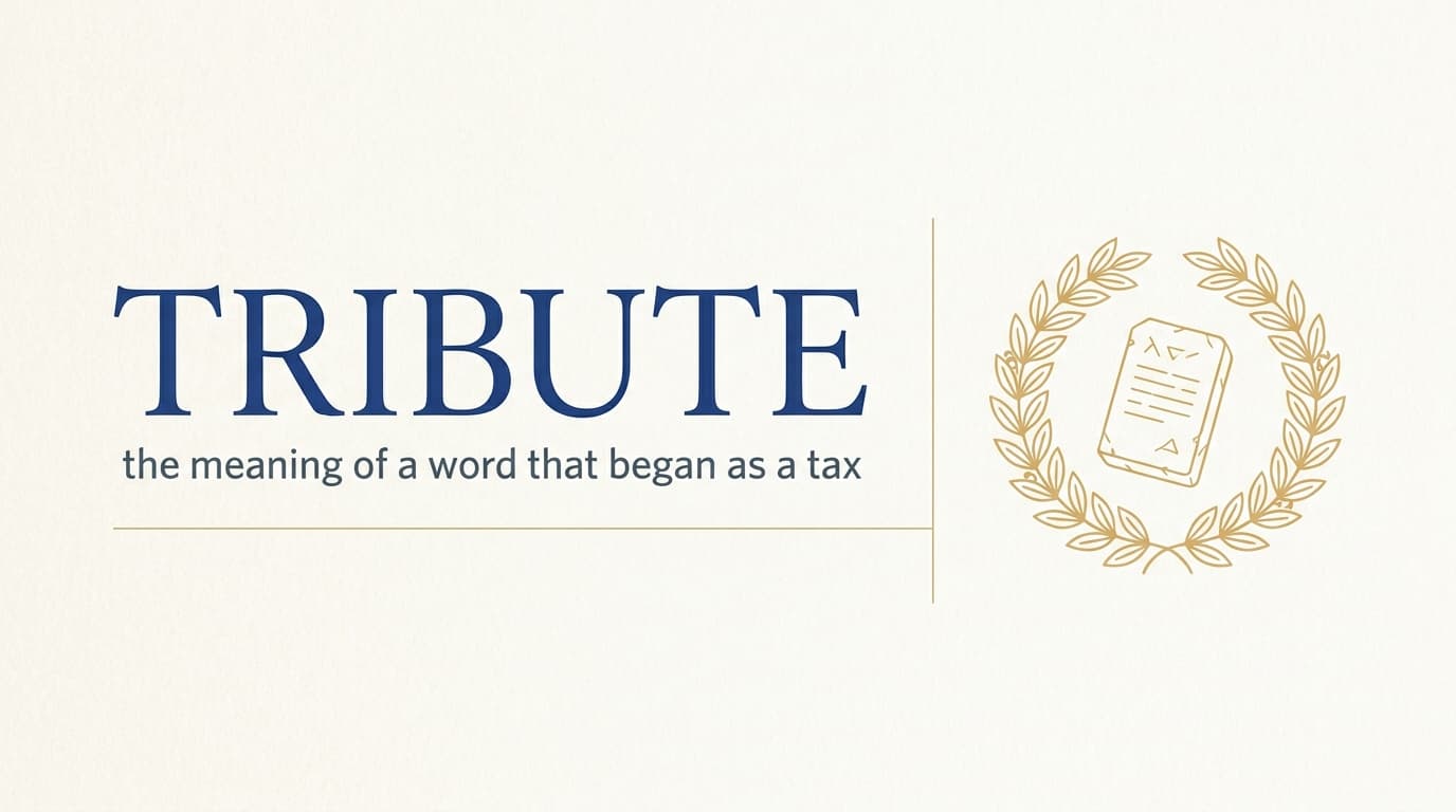 The word Tribute set in elegant serif type over a soft ivory and navy background with a laurel motif, representing acts of remembrance and respect