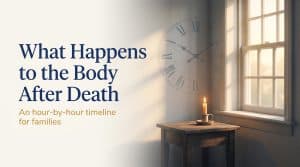 Soft, respectful illustration representing the quiet hours after a death, with a candle and clock motif in Linkora brand blue and amber